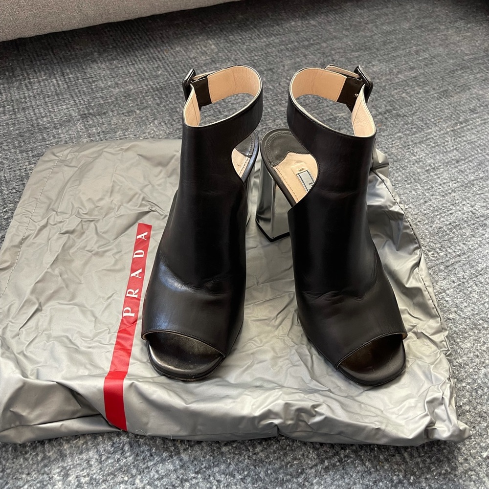 Prada Black/Silver Bicolor Open-Toe Block-Heel Sa… - image 2